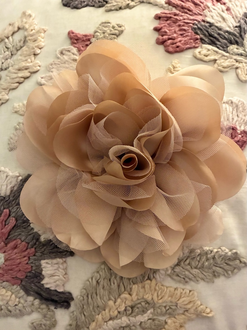 Elegant Beige Satin and Tulle Flower Hair Clip or Brooch - Women's Accessory 8”